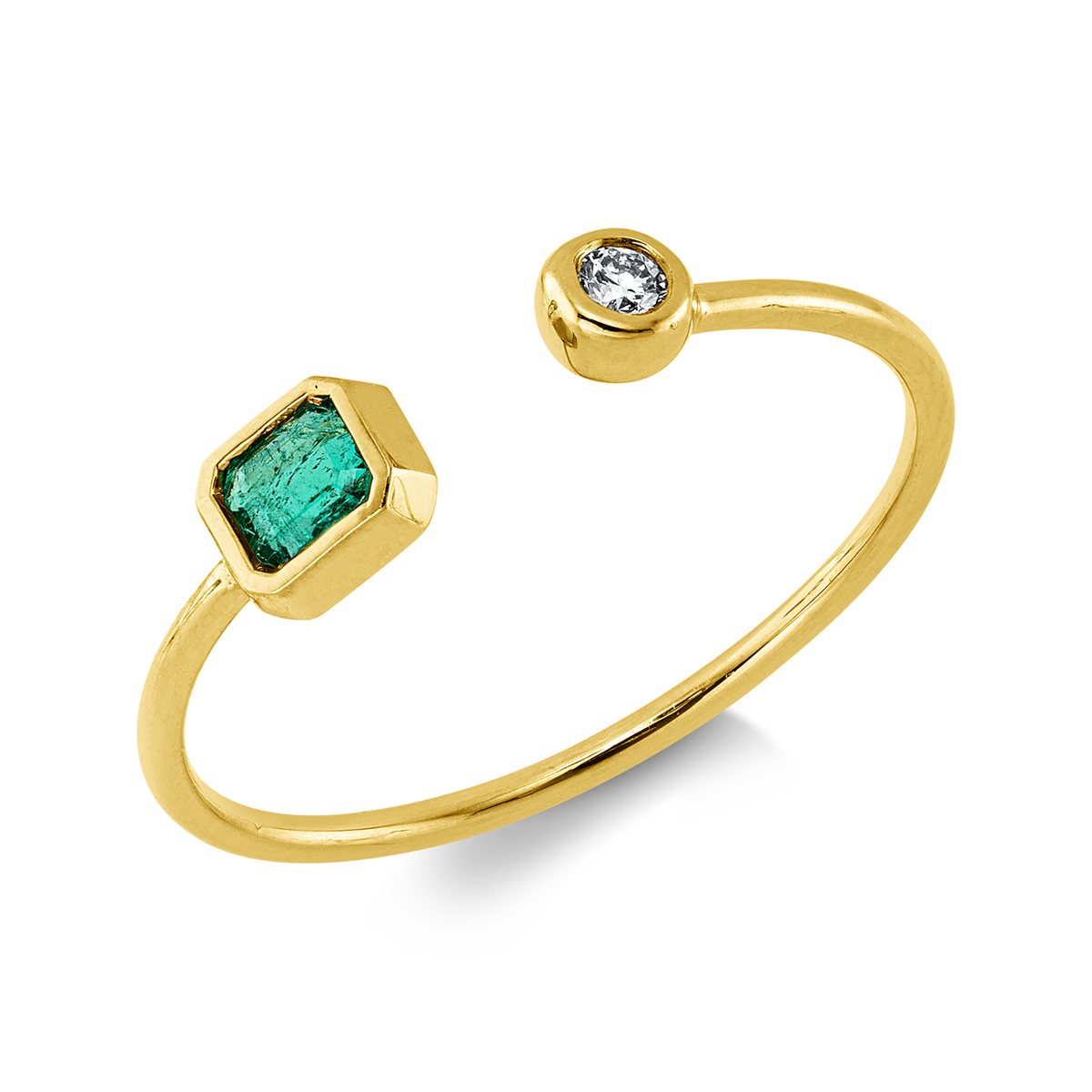 diamond full cut emerald colored stone classic ring in yellow gold
