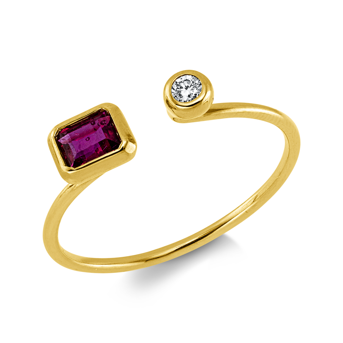 diamond full cut ruby colored stone classic ring in yellow gold