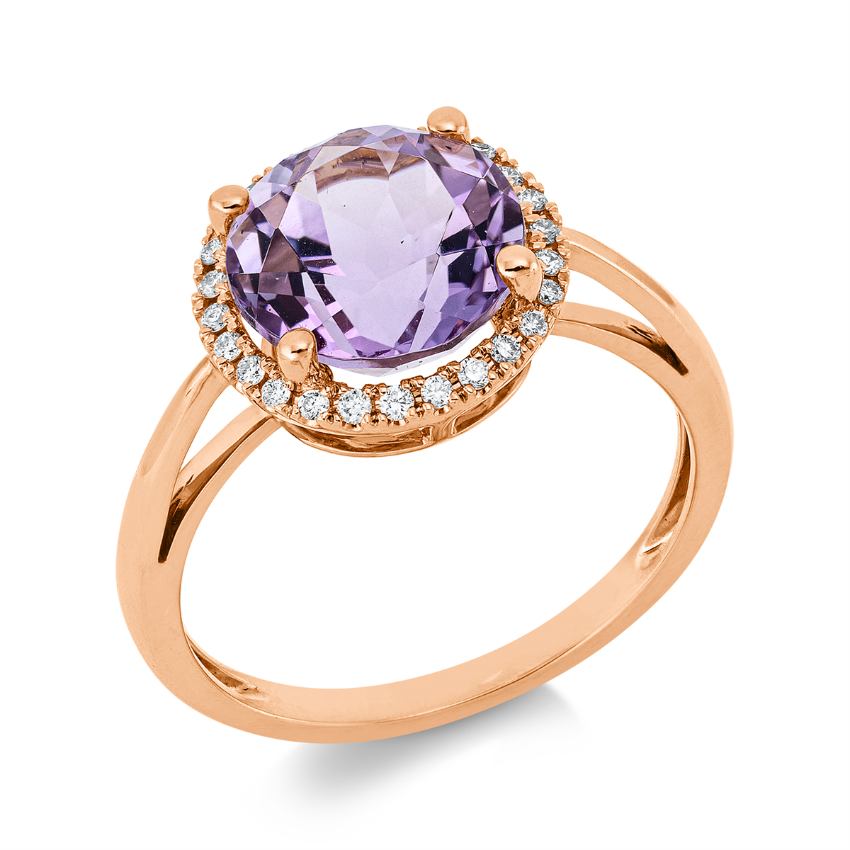 diamond full cut amethyst colored stone fashion ring in red gold