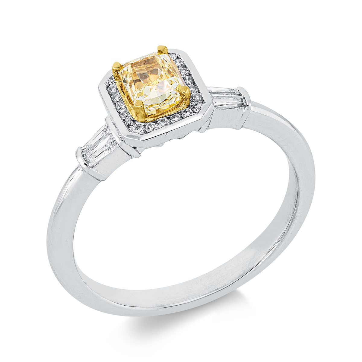 radiant cut  fancy colored diamond ring in white gold / yellow gold