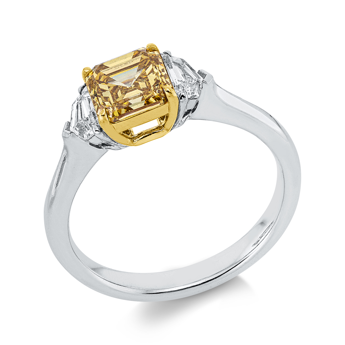 assher cut  fancy colored diamond ring in white gold / yellow gold