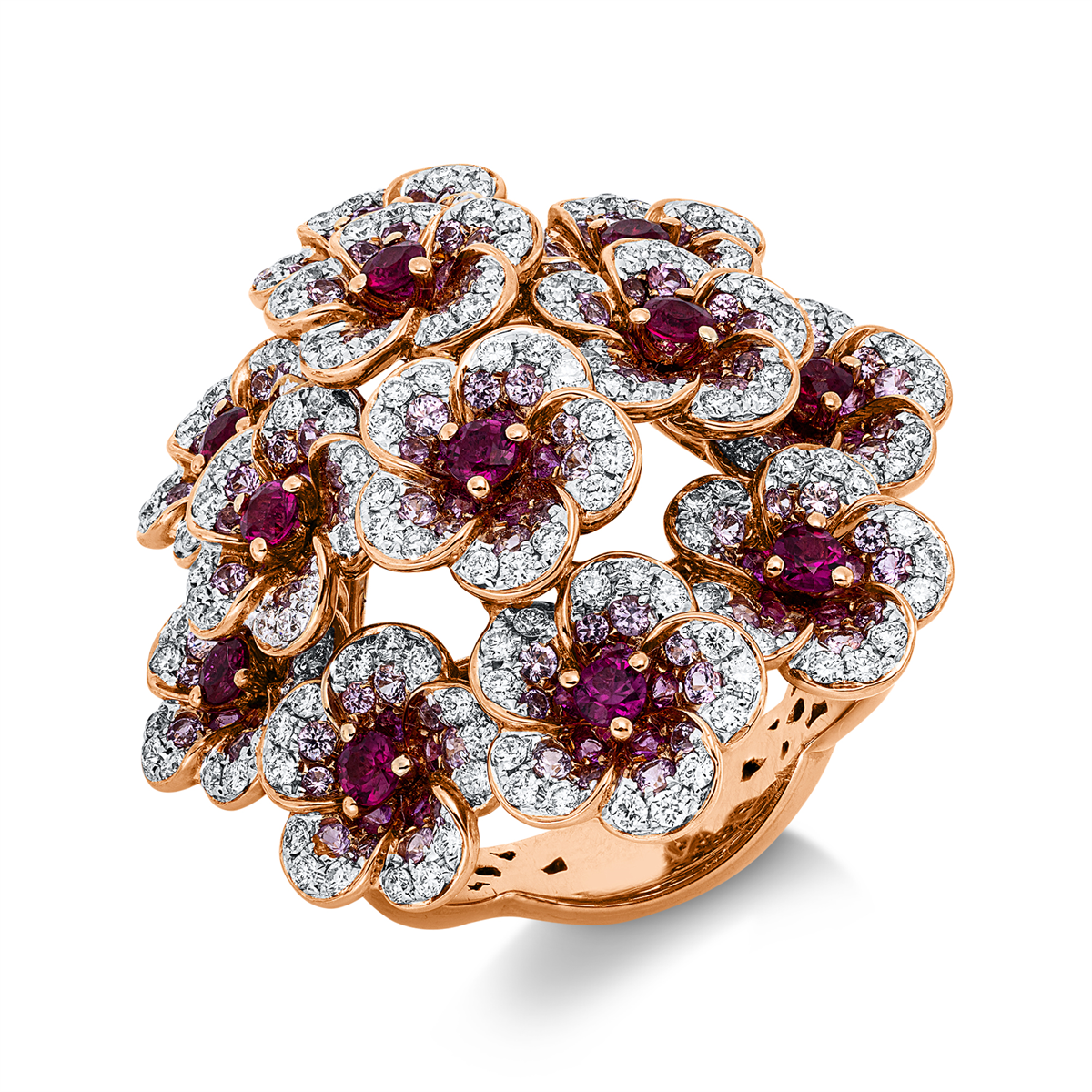 diamond full cut ruby colored stone classic ring in red gold / white gold