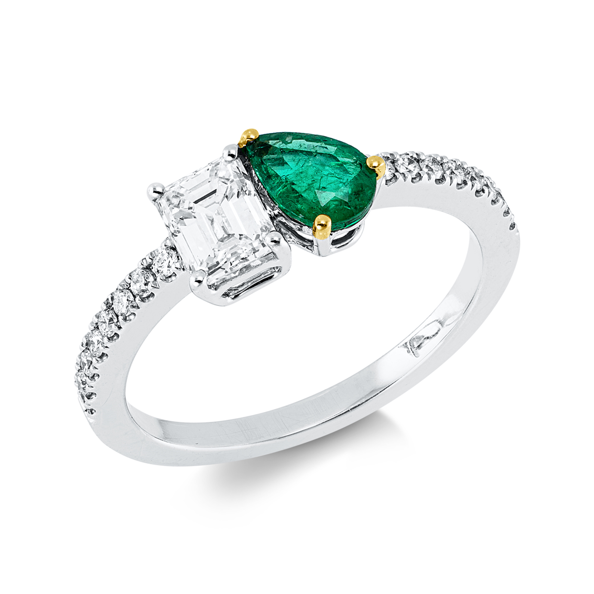 diamond full cut emerald colored stone classic ring in white gold