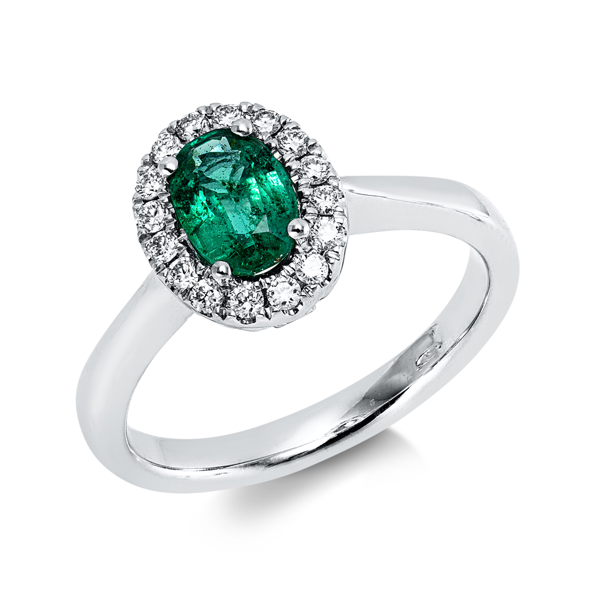diamond full cut emerald colored stone classic ring in white gold