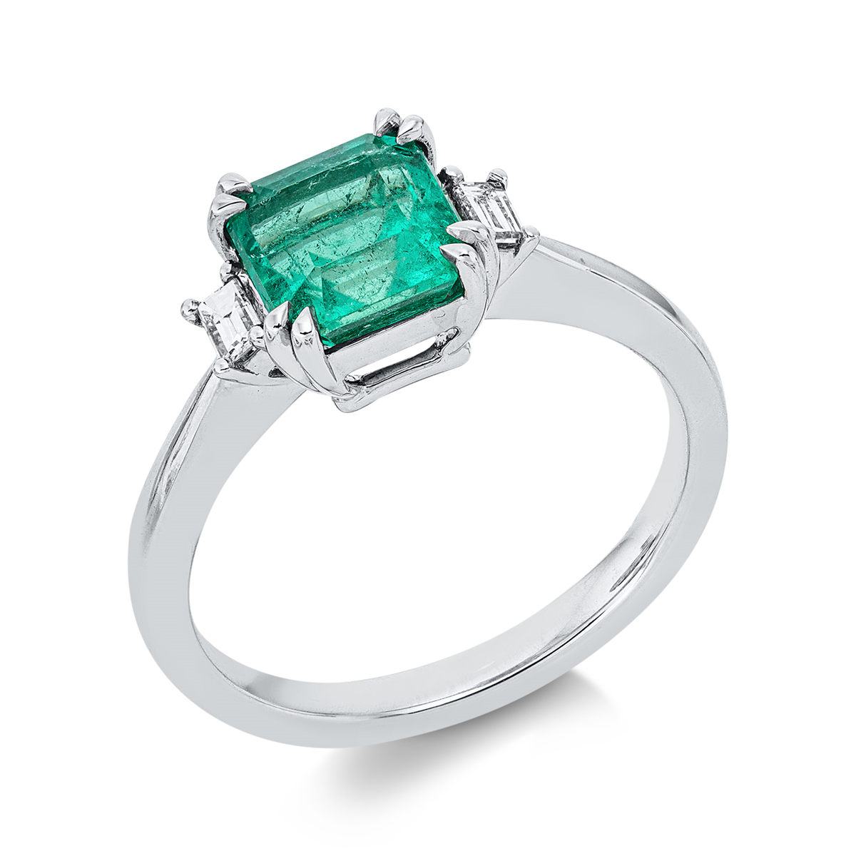 baguette emerald colored stone classic ring in white gold