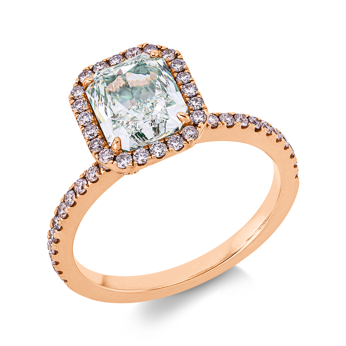 radiant cut  fancy colored diamond ring in red gold