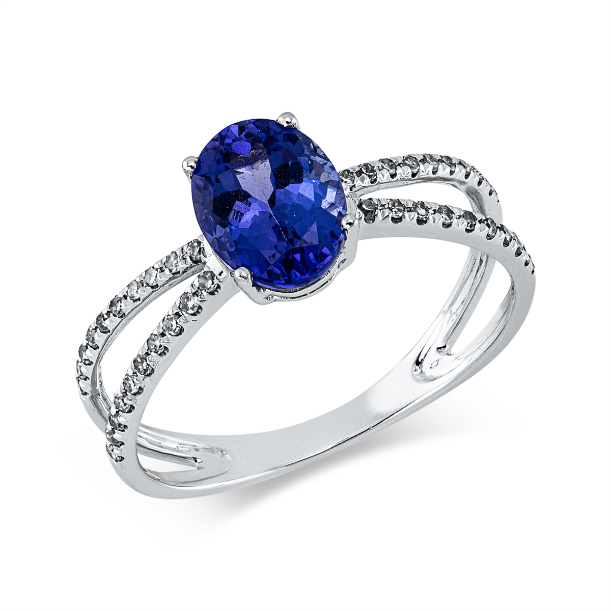 diamond single cut tanzanite colored stone fashion ring in white gold