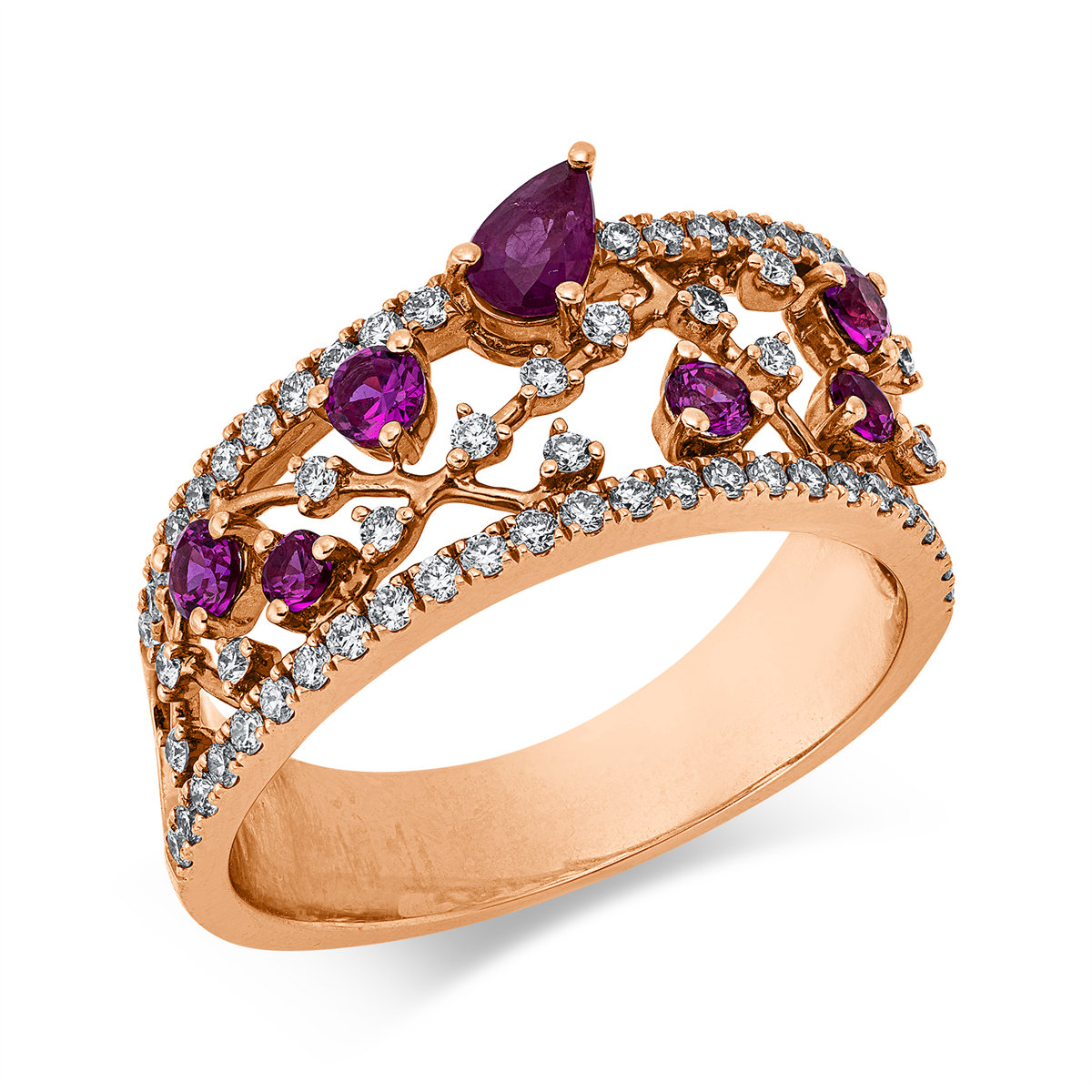 diamond full cut ruby colored stone classic ring in red gold