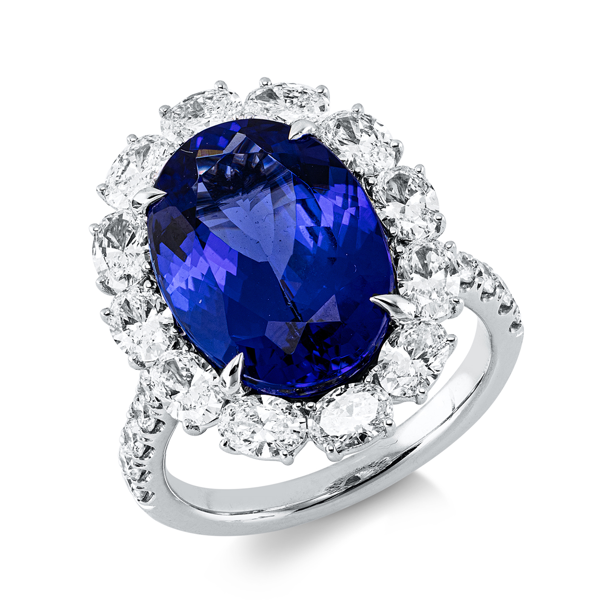 diamond full cut tanzanite colored stone classic ring in white gold