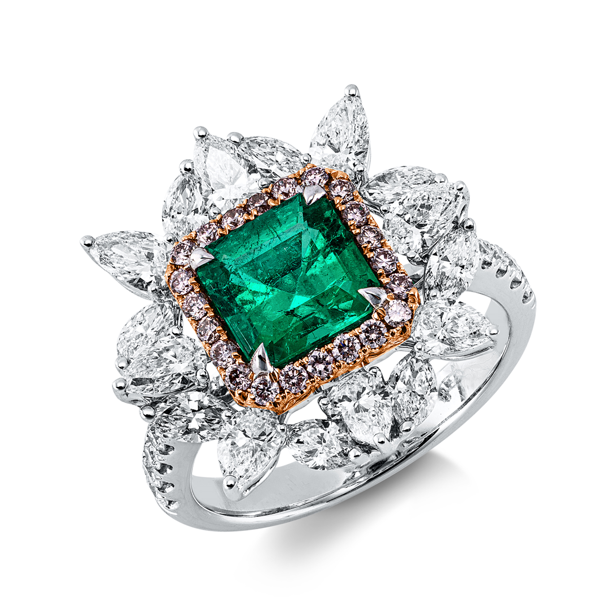 diamond full cut emerald colored stone classic ring in whitegold / rosegold