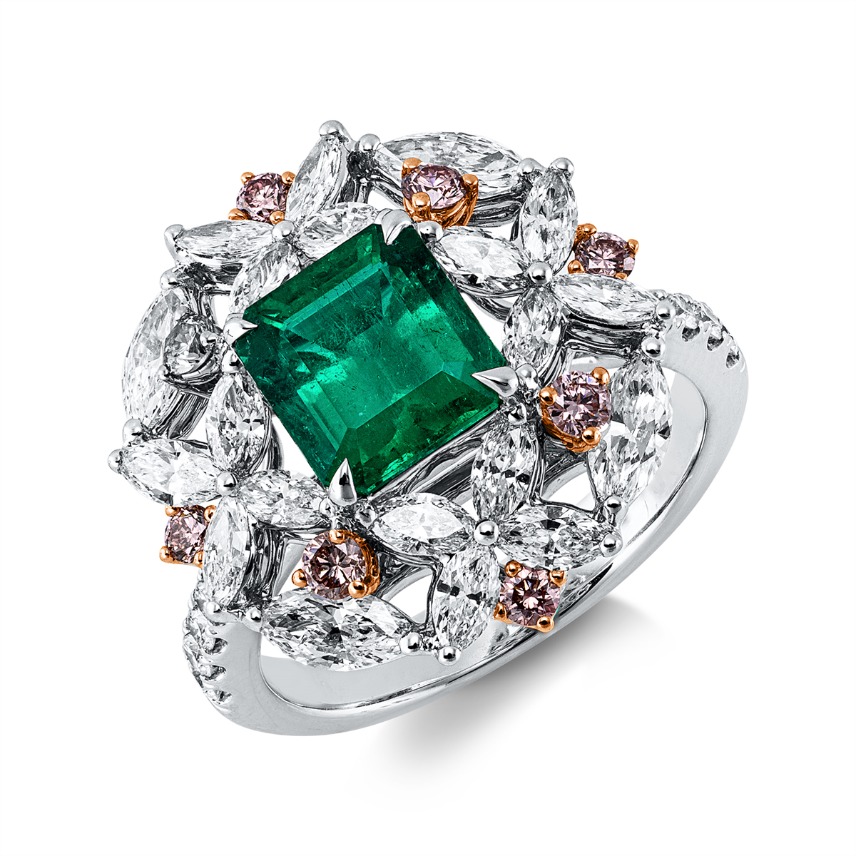 diamond full cut emerald colored stone classic ring in whitegold / rosegold