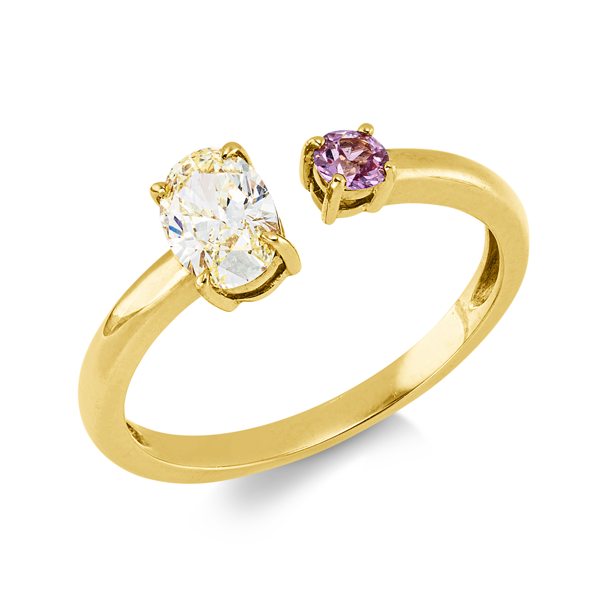 oval sapphire fancy colored diamond ring in yellow gold