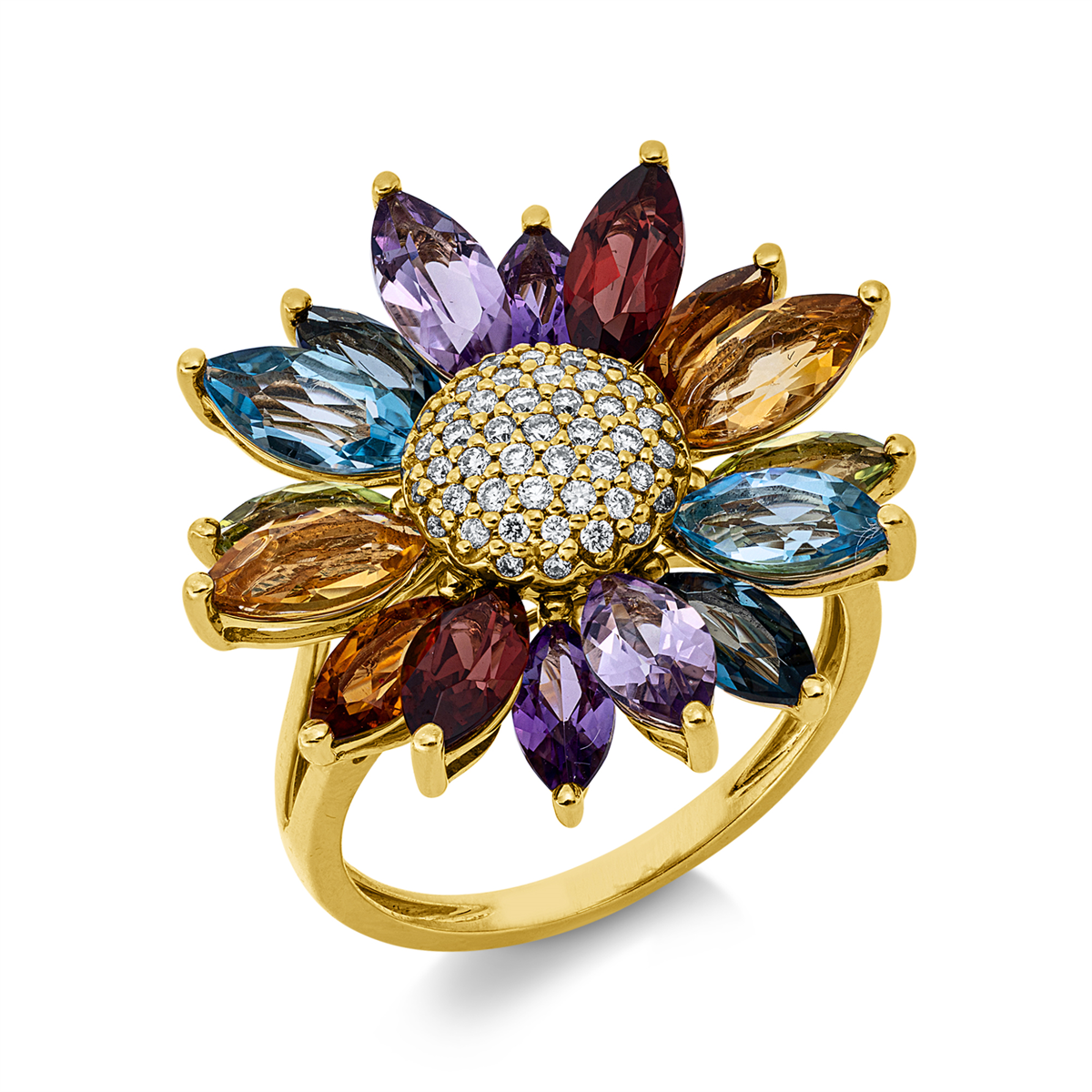 diamond full cut color stones colored stone fashion ring in yellow gold