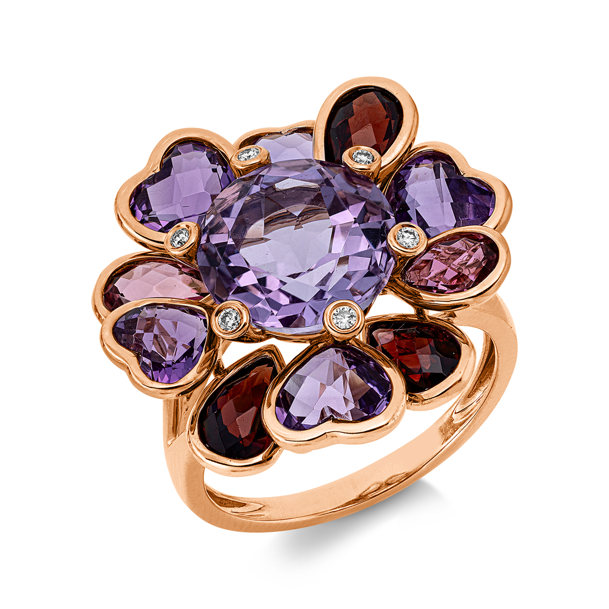 diamond full cut garnet colored stone fashion ring in red gold