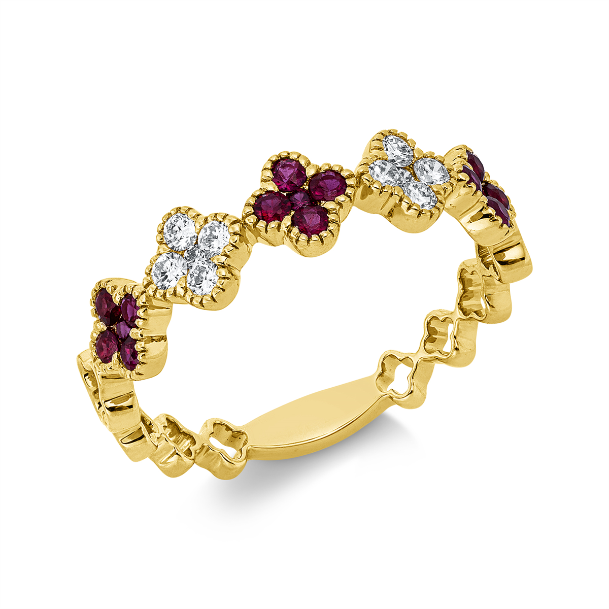 diamond full cut ruby colored stone classic ring in yellow gold
