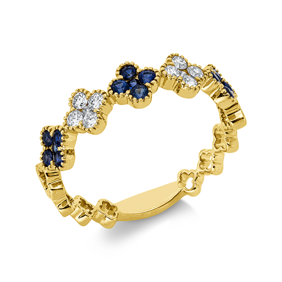 diamond full cut sapphire colored stone classic ring in yellow gold