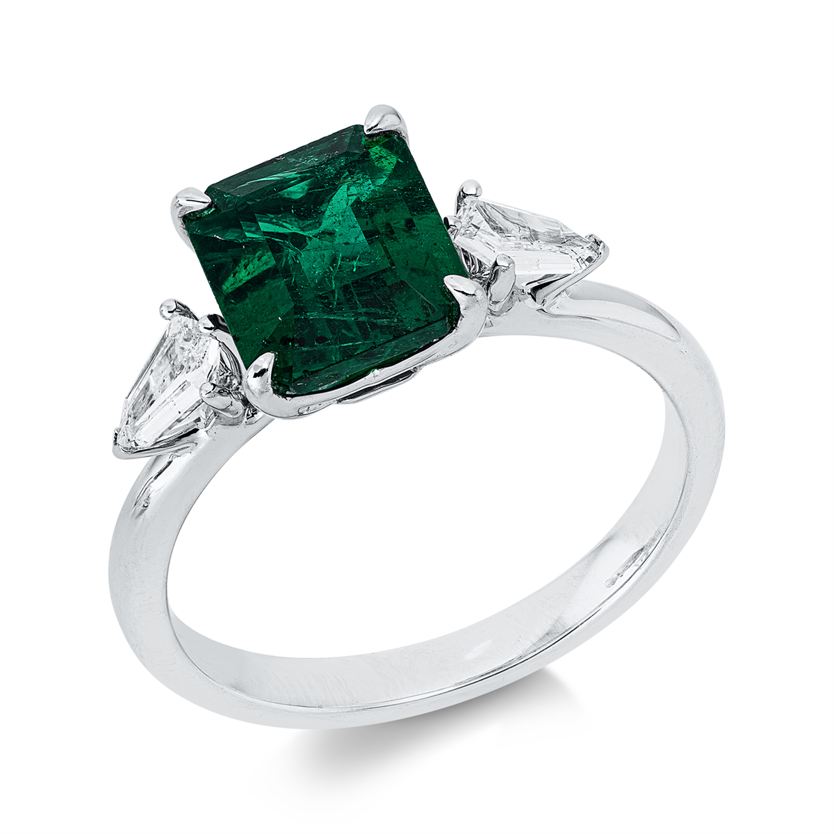 fantasy-cut emerald colored stone classic ring in white gold