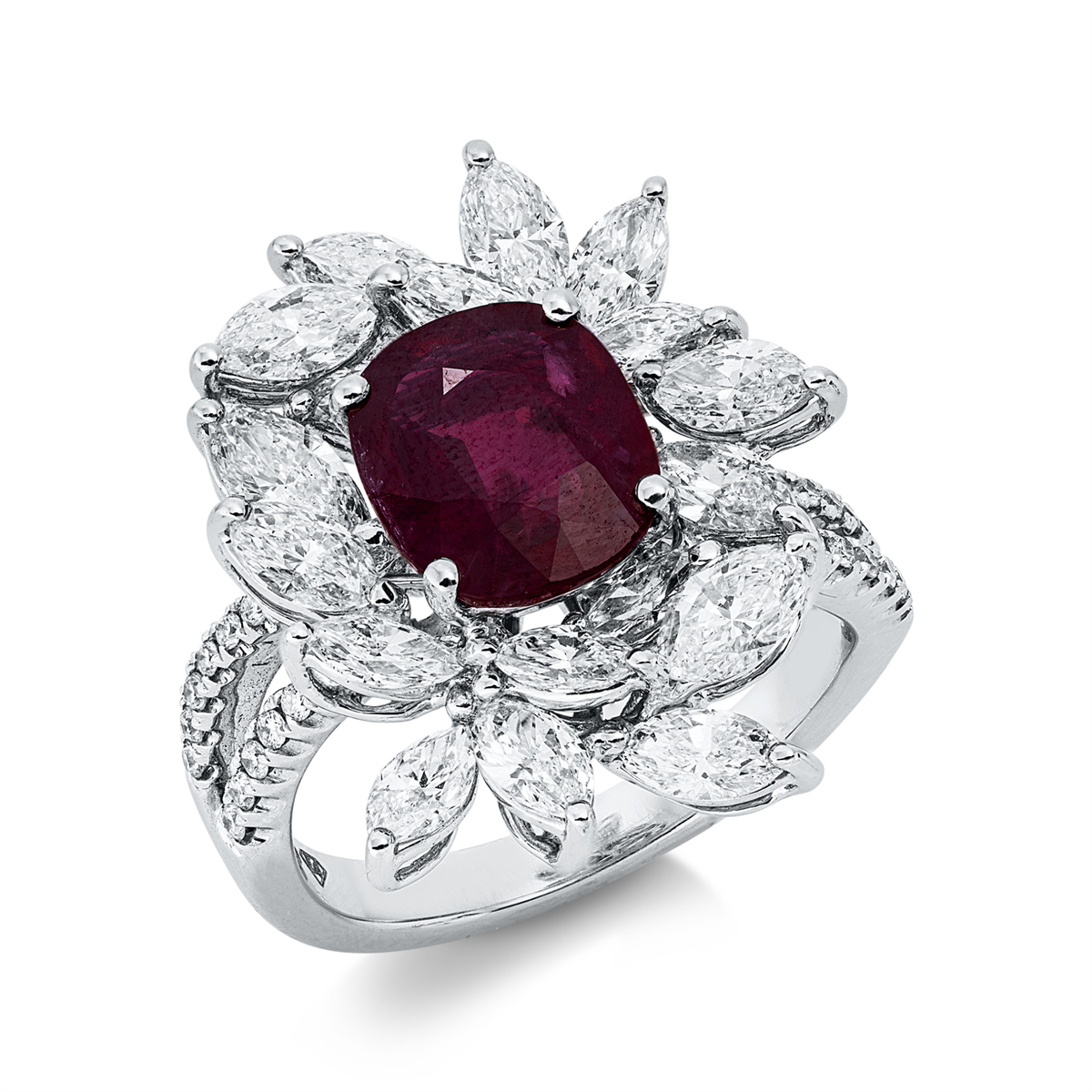 diamond full cut ruby colored stone classic ring in white gold