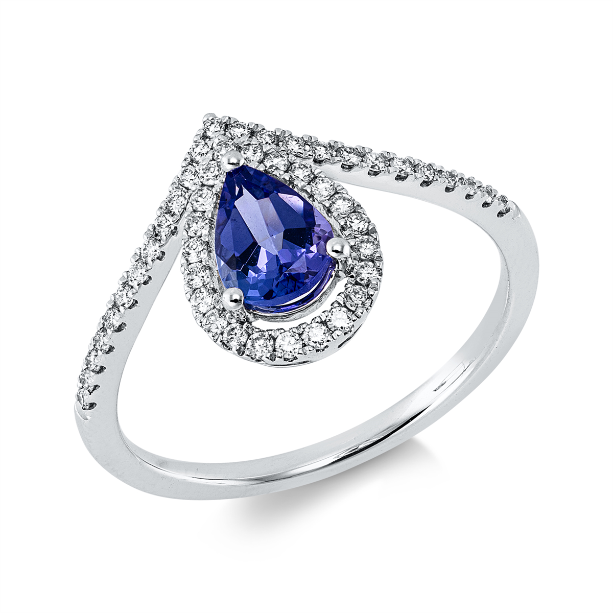 diamond full cut tanzanite colored stone fashion ring in white gold
