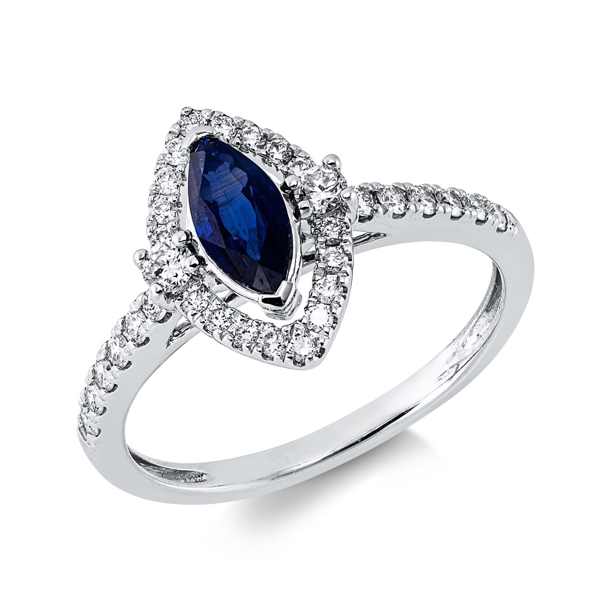 diamond full cut sapphire colored stone classic ring in white gold