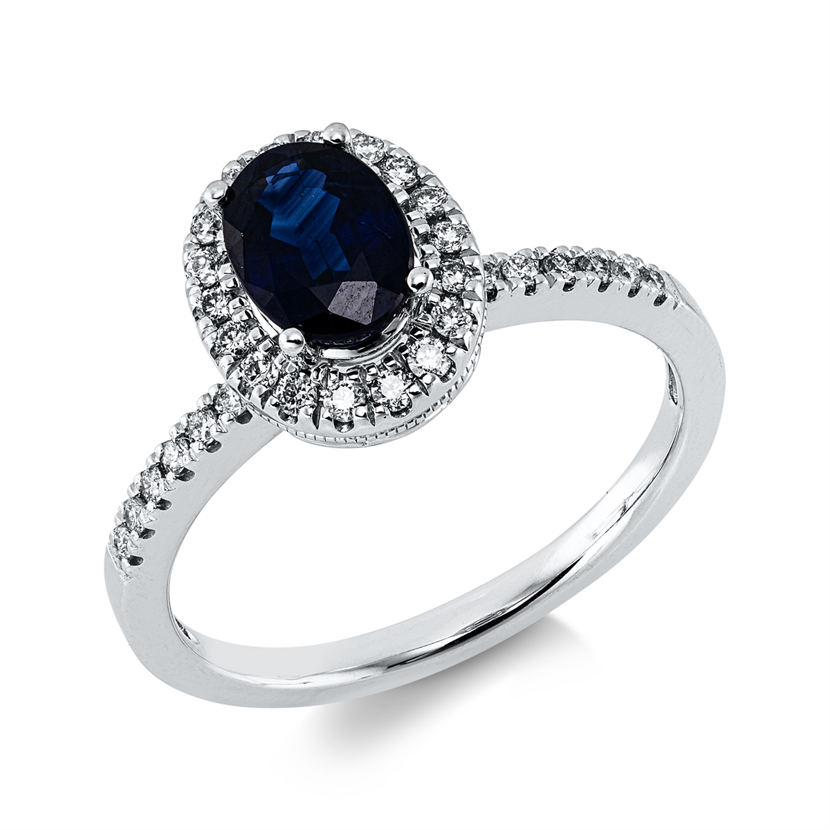 diamond full cut sapphire colored stone classic ring in white gold