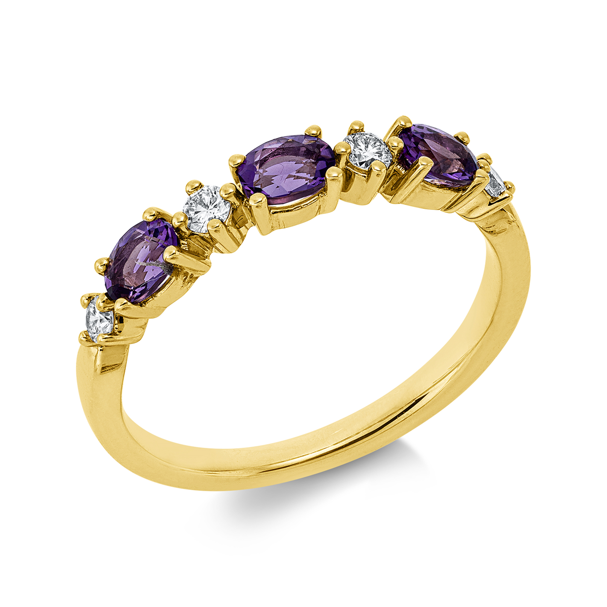 diamond full cut amethyst colored stone fashion ring in yellow gold