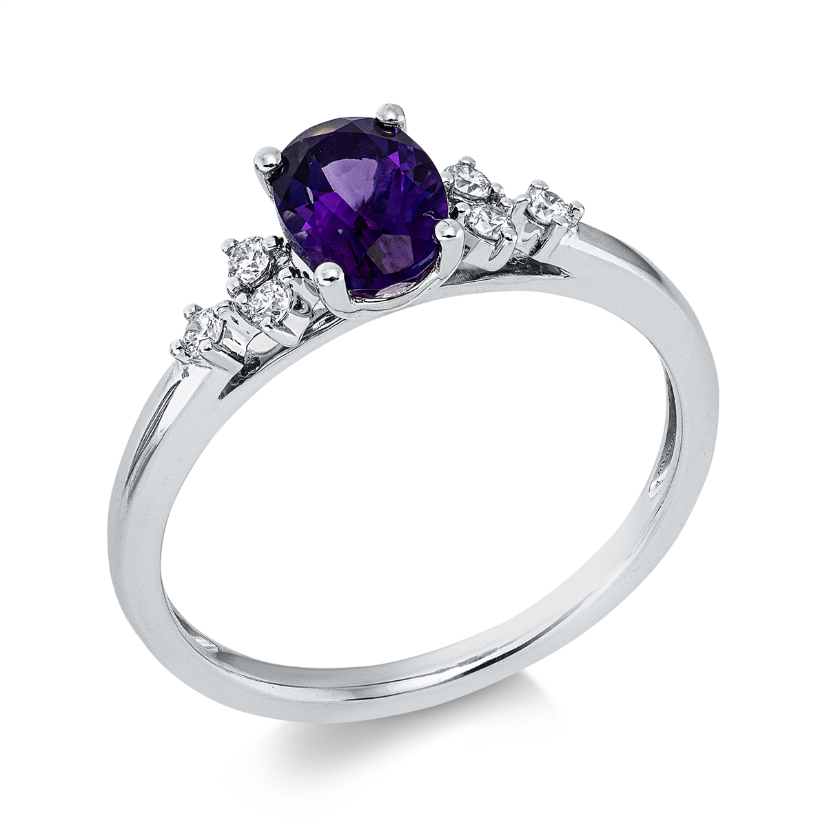 diamond full cut amethyst colored stone fashion ring in white gold