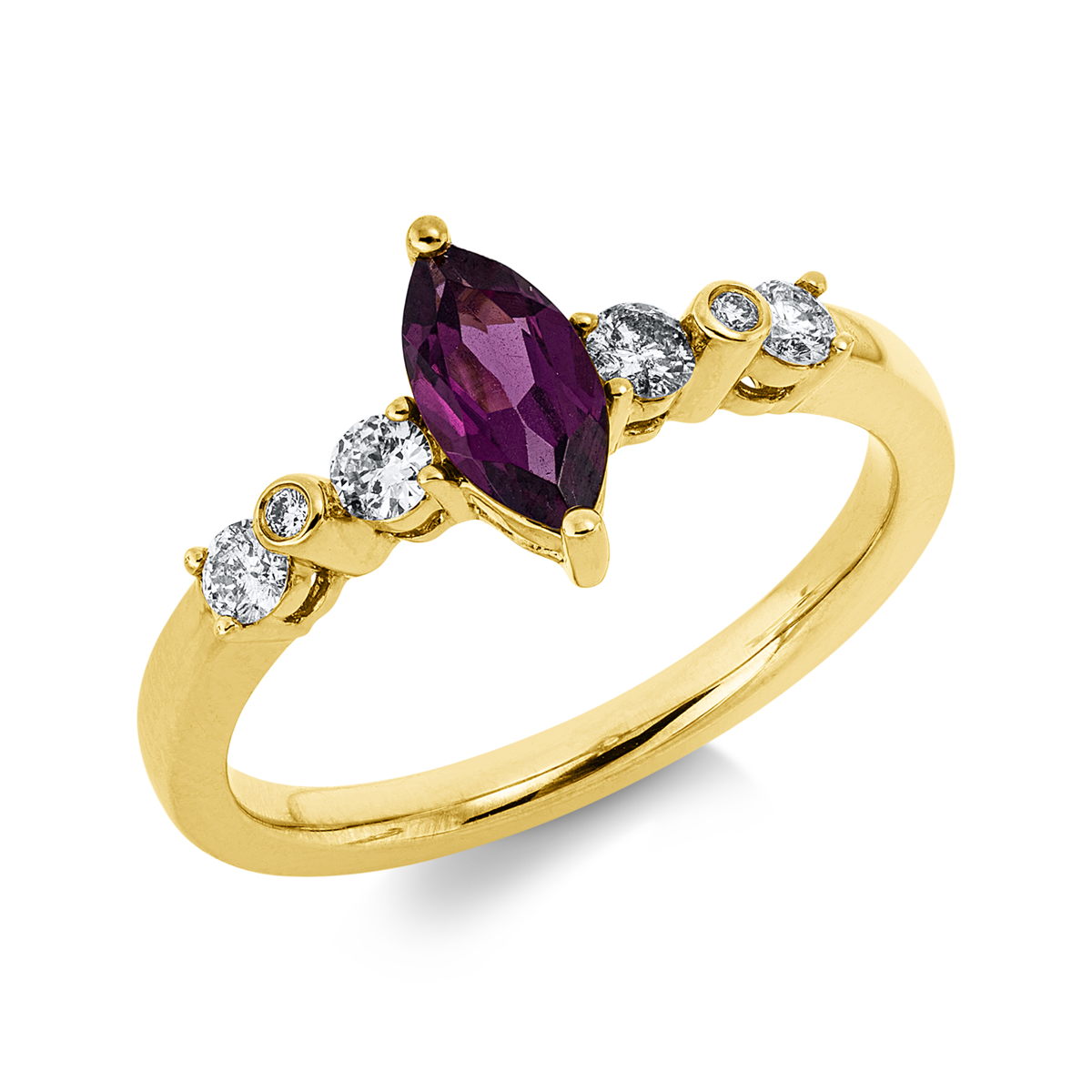 diamond full cut rhodolite colored stone fashion ring in yellow gold