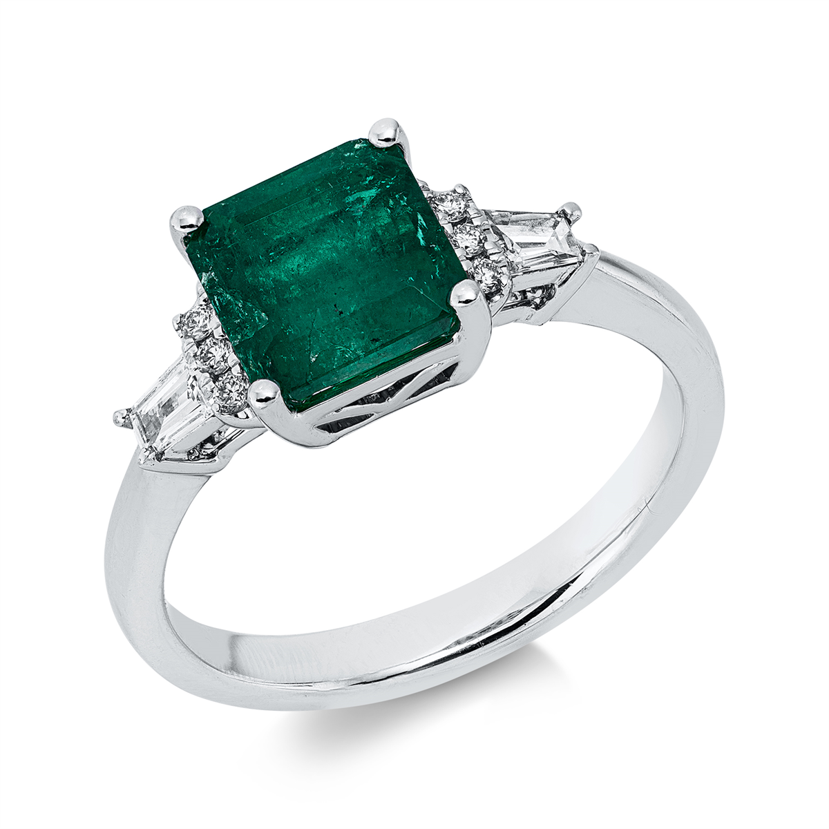 diamond full cut emerald colored stone classic ring in white gold