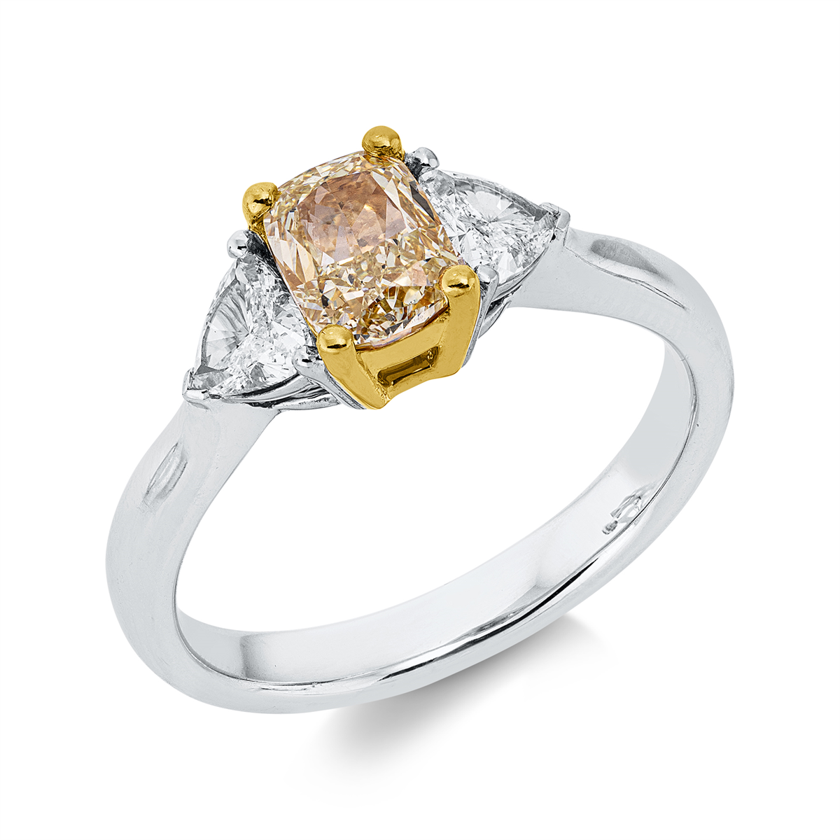 triangle cut  fancy colored diamond ring in white gold / yellow gold