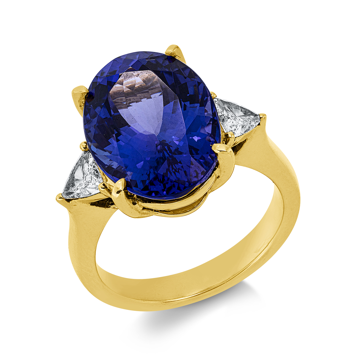 triangle cut tanzanite colored stone classic ring in yellow gold