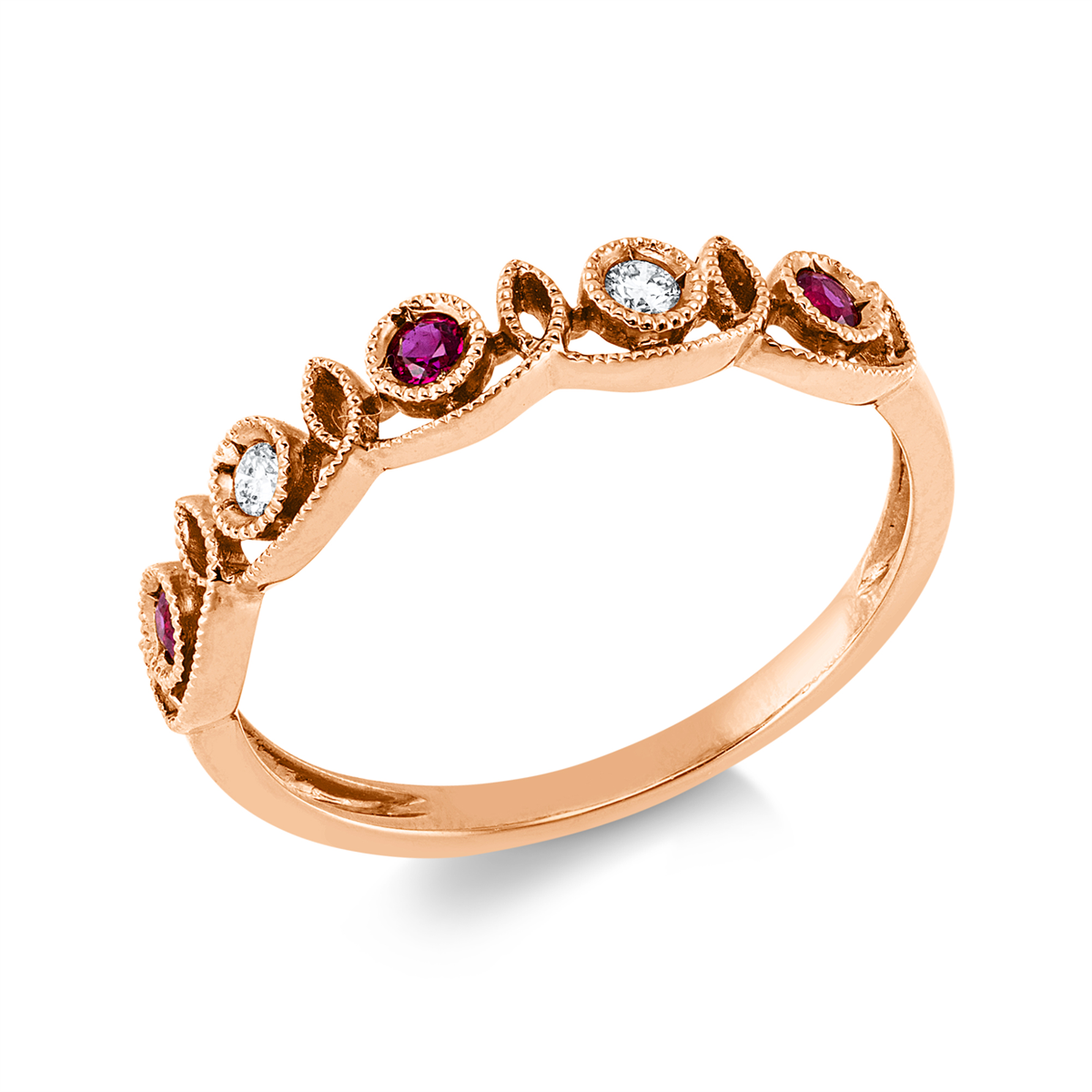 diamond full cut ruby colored stone classic ring in red gold