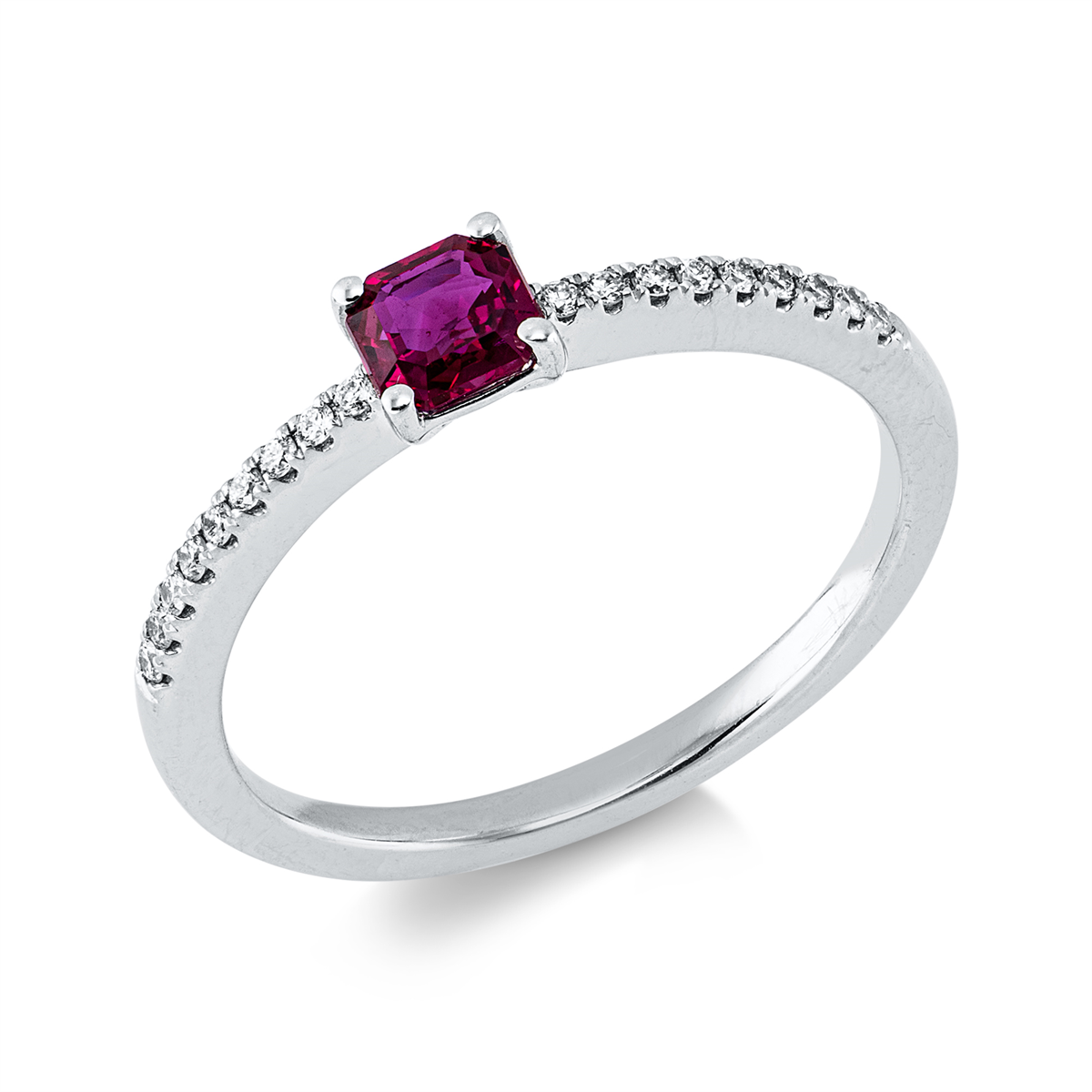 diamond full cut ruby colored stone classic ring in white gold