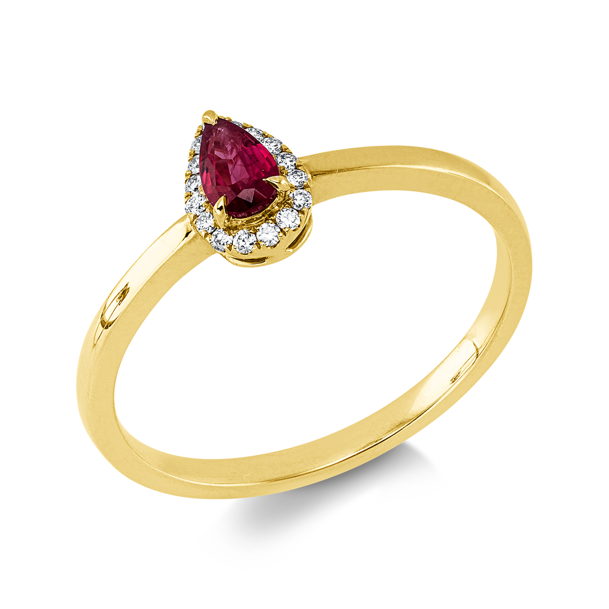 diamond full cut ruby colored stone classic ring in yellow gold