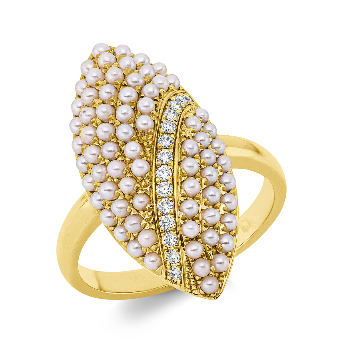 diamond full cut  pearl ring in yellow gold