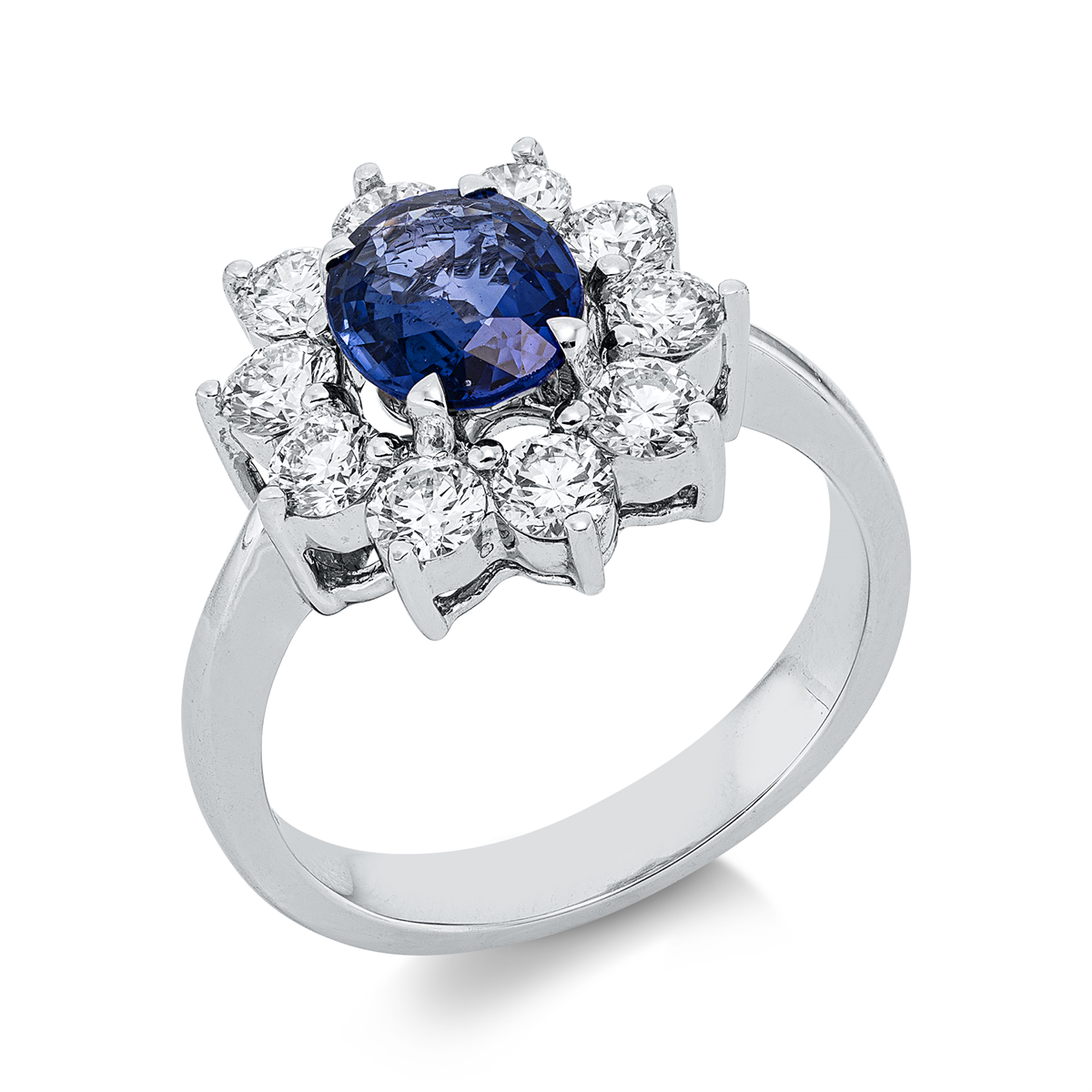 diamond full cut sapphire colored stone classic ring in white gold