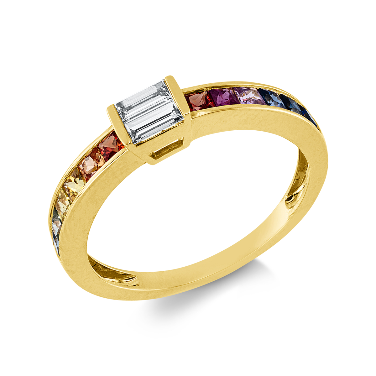 baguette sapphire colored stone classic ring in yellow gold