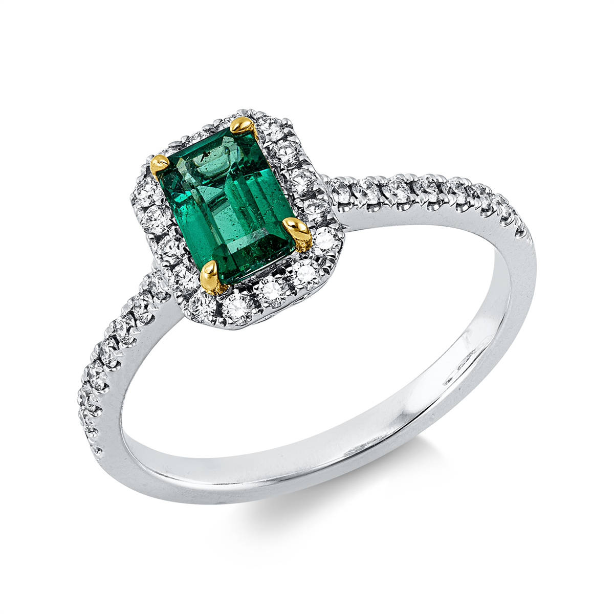 diamond full cut emerald colored stone classic ring in white gold / yellow gold