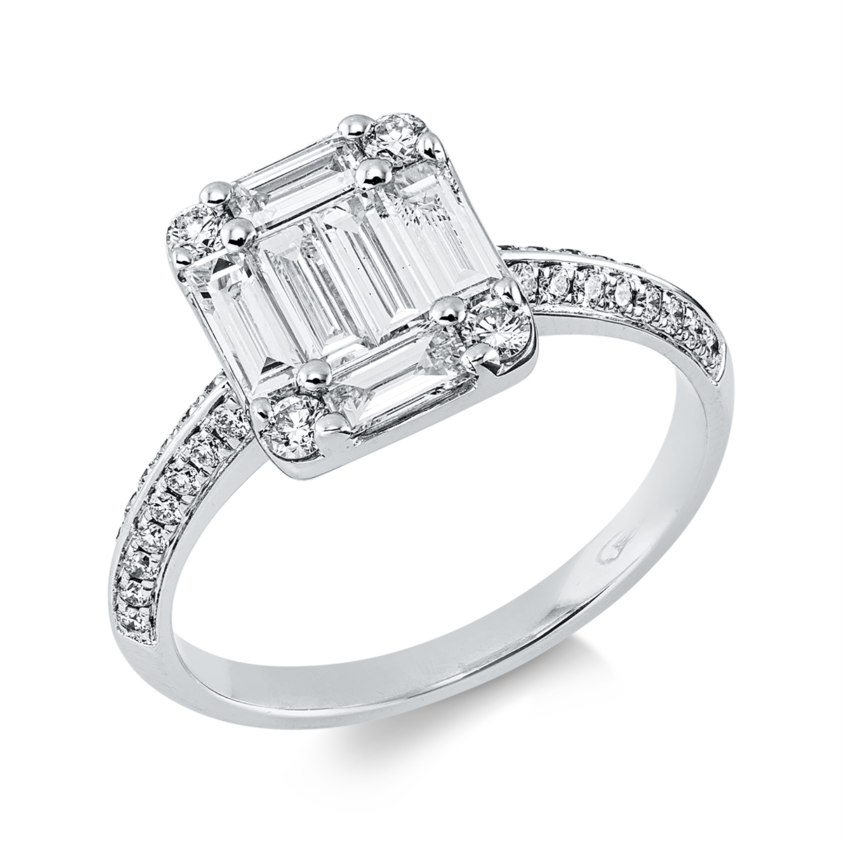 diamond full cut  baguette illusion ring in white gold
