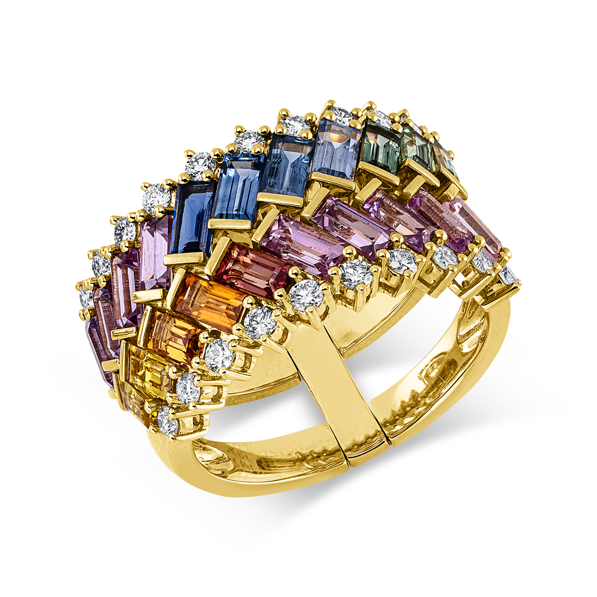 diamond full cut sapphire rainbow & multicolor ring in yellow gold