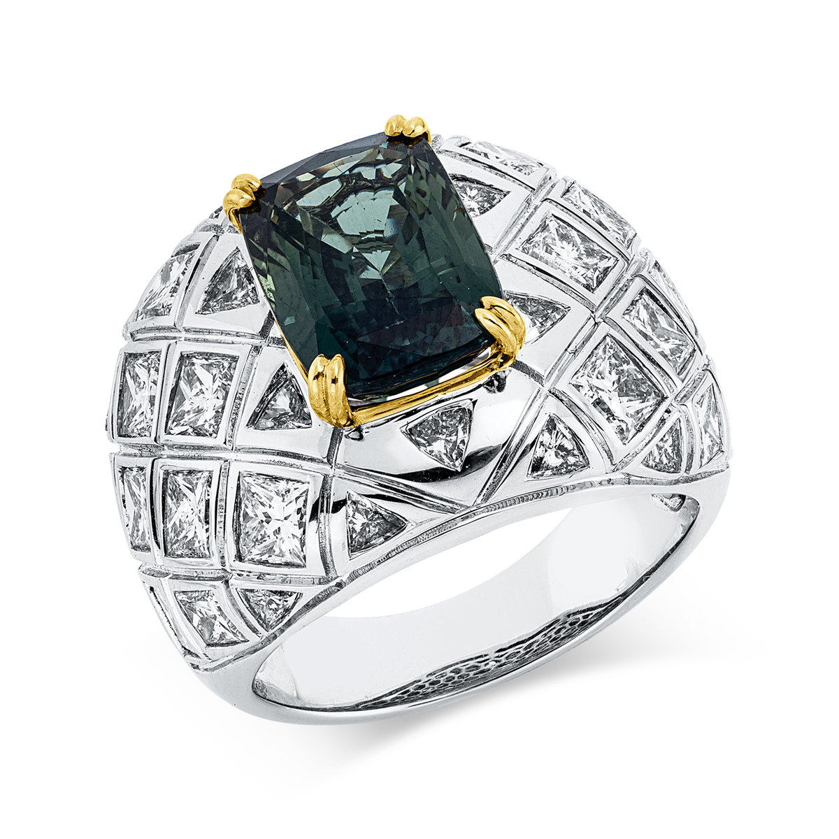 triangle cut tourmaline colored stone classic ring in white gold / yellow gold