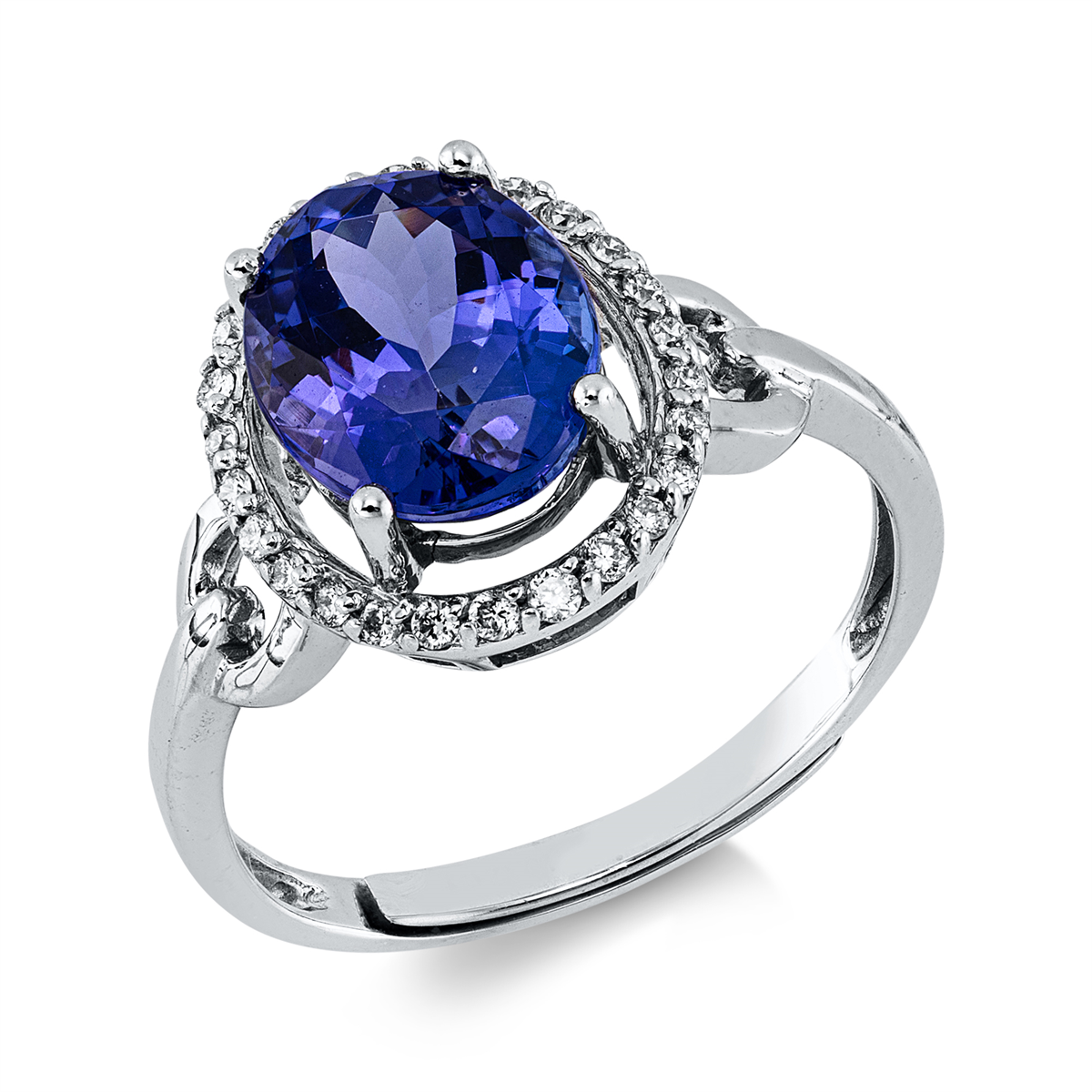diamond full cut tanzanite colored stone classic ring in white gold