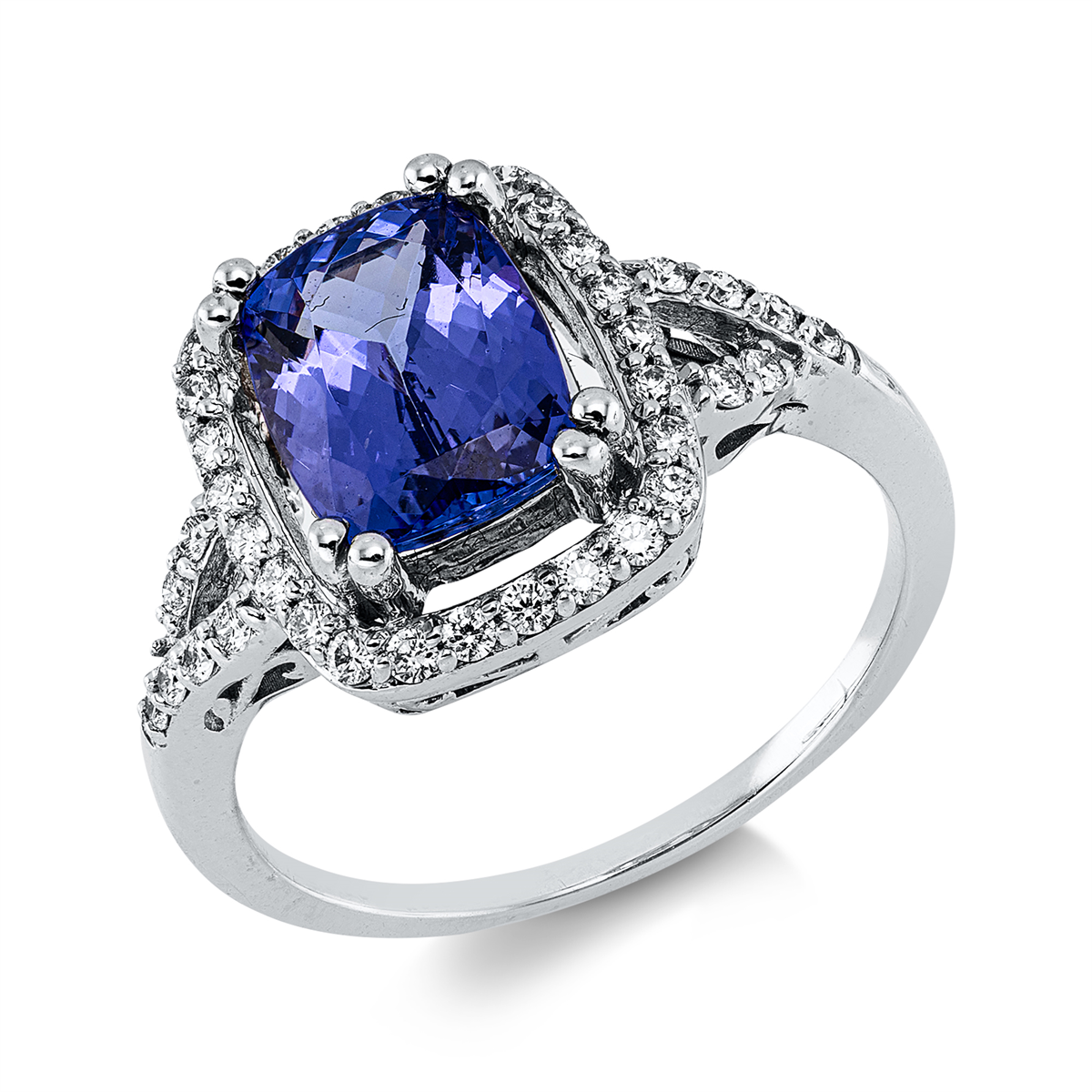 diamond full cut tanzanite colored stone classic ring in white gold
