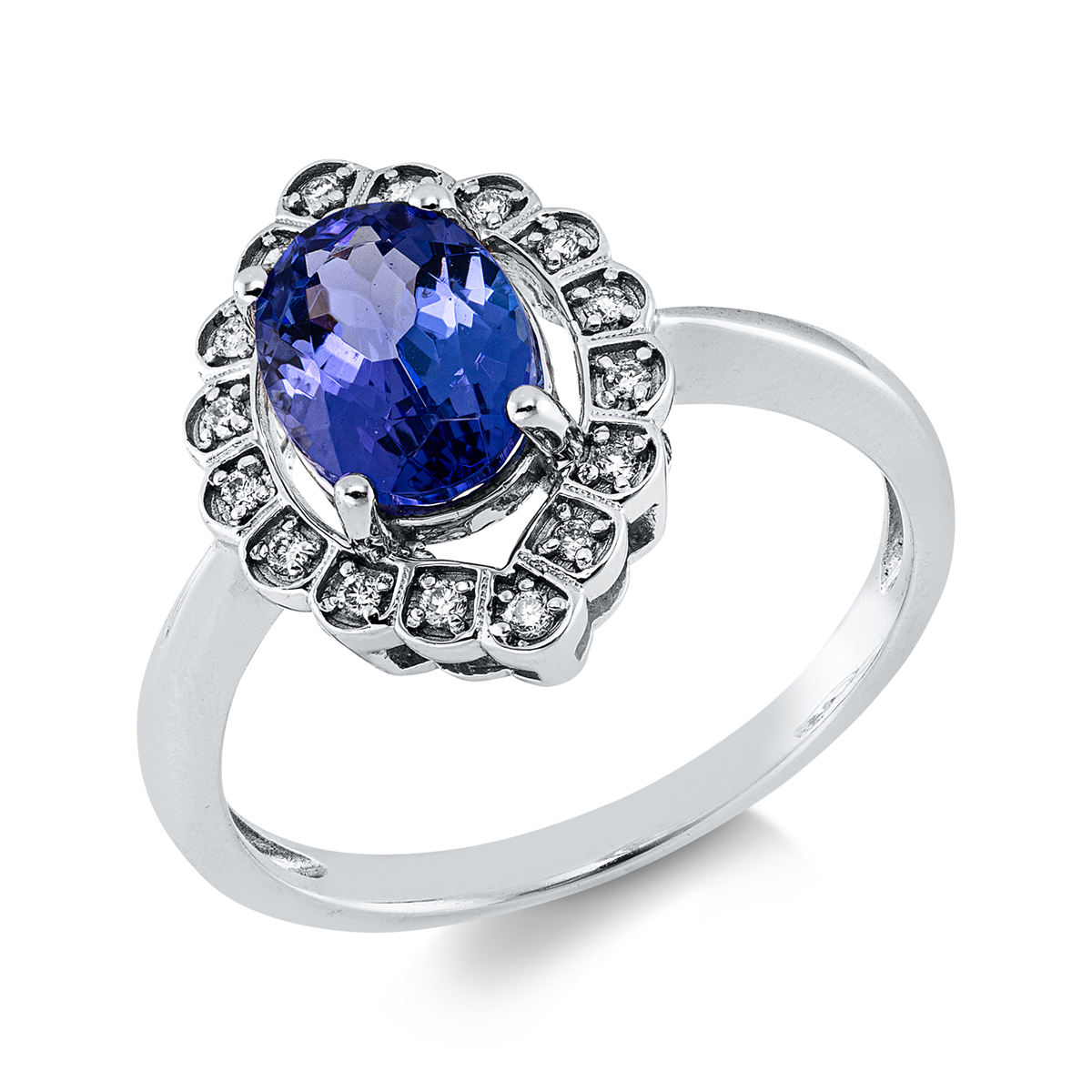 diamond full cut tanzanite colored stone classic ring in white gold