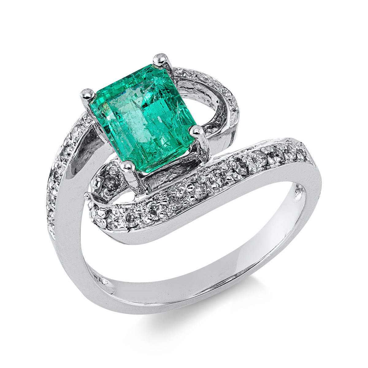 diamond full cut emerald colored stone classic ring in white gold
