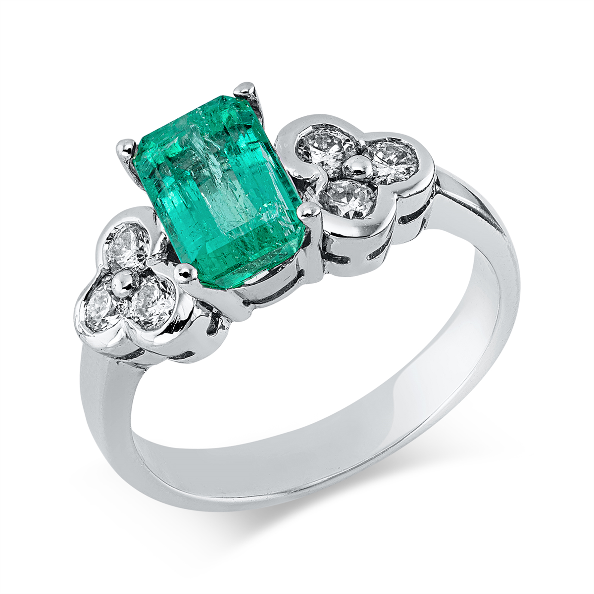 diamond full cut emerald colored stone classic ring in white gold