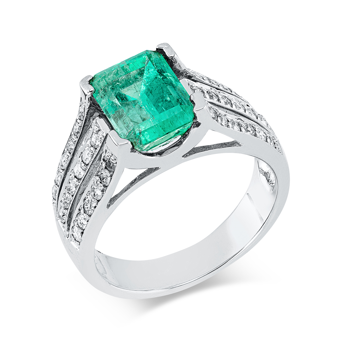 diamond full cut emerald colored stone classic ring in white gold