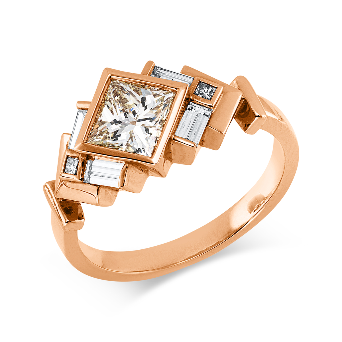 baguette  solitaire with accent stones ring in red gold