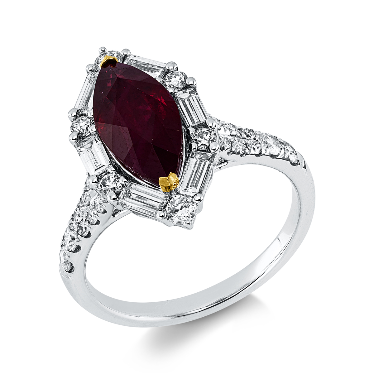 diamond full cut ruby colored stone classic ring in white gold / yellow gold