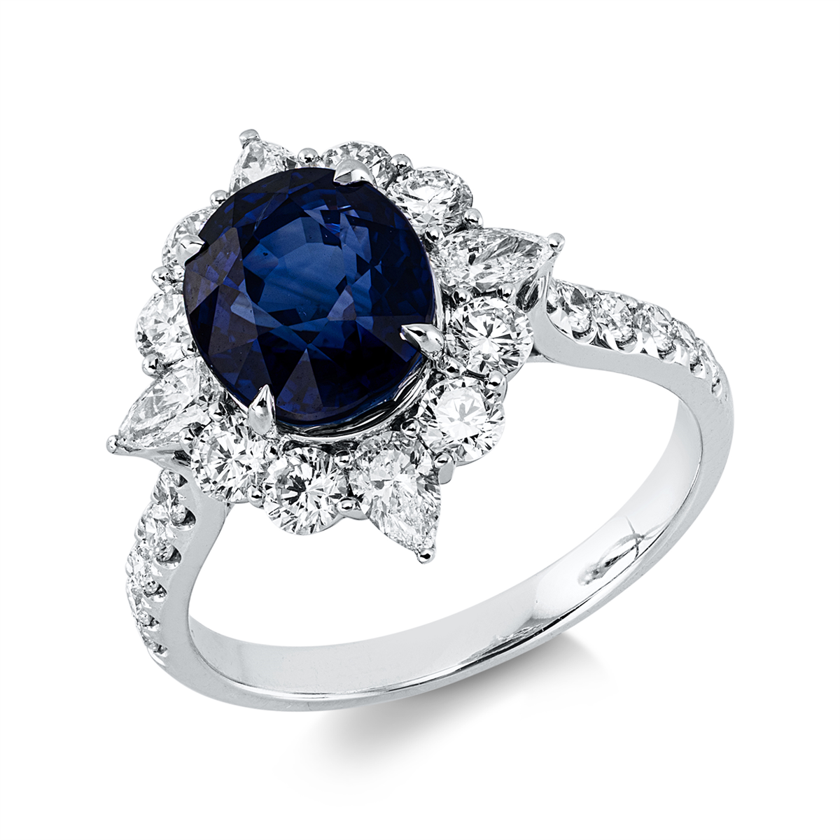 diamond full cut sapphire colored stone classic ring in white gold